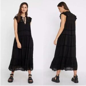 Free People Blk Midnight Midi Dress V-Neck Flutter Sleeve Lace Tiered Maxi Sz XS